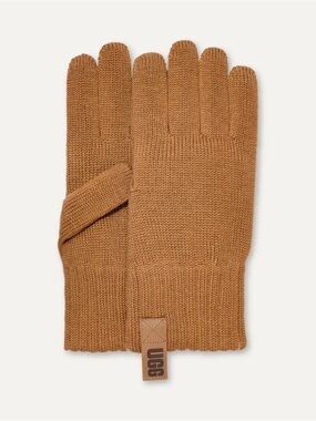 UGG Men's Camel Knit Gloves with Logo Tab